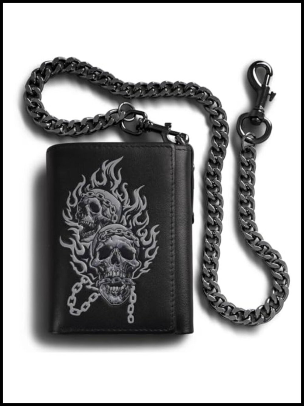 Men's Skull Trifold Wallet with Detachable Chain RFID Blocking Full-Grain